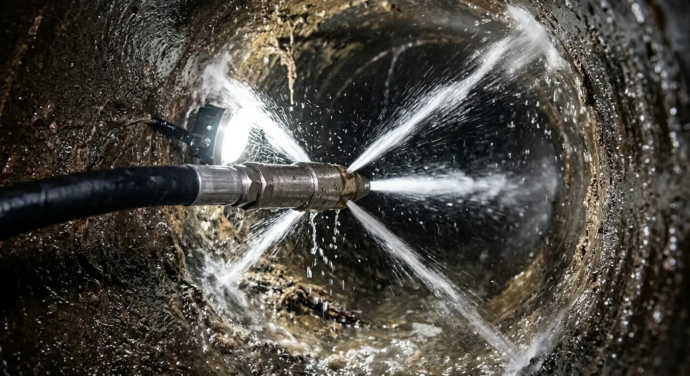 High-pressure hydro jetting nozzle cleaning sewer pipe for Trenchless Sewer Repair in Alexandria