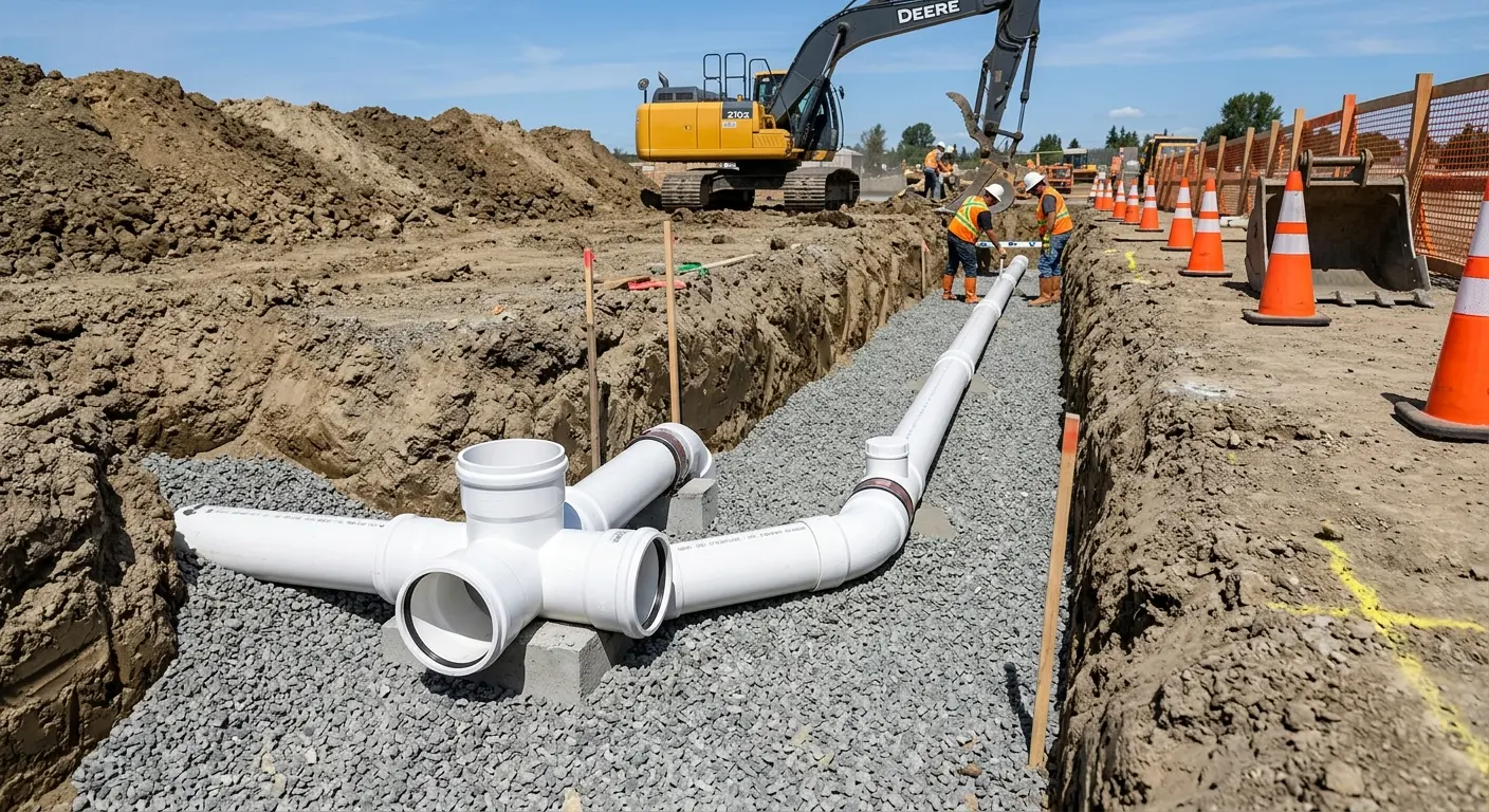 New PVC sewer pipe installation in open trench for Sewer Backup in Alexandria