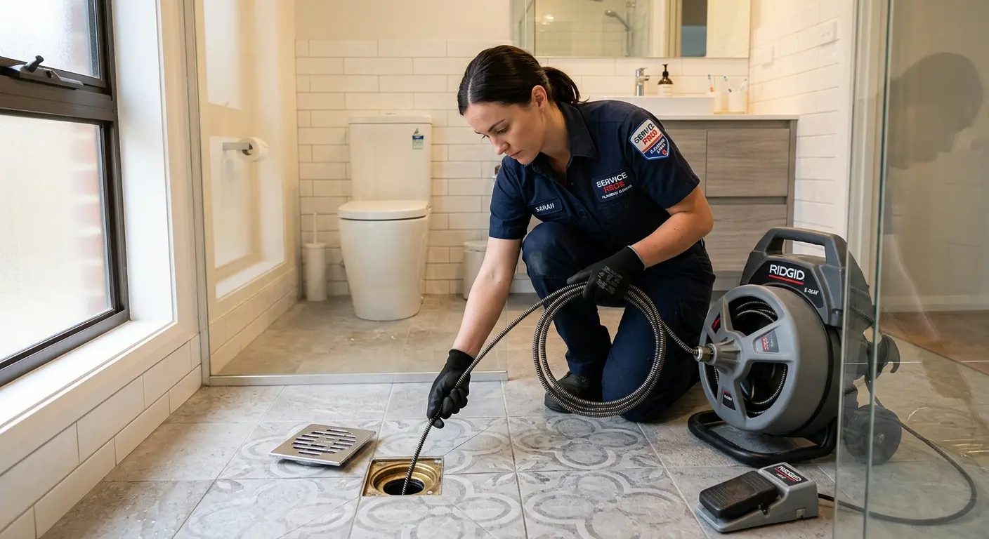 Technician clearing a bathroom floor drain for Sewer Line Installation in Alexandria